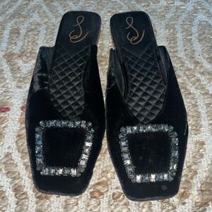 Sam Edelman Black Flat Mules with Rhinestone Buckle Sz 8 1/2
